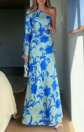 Teal One-shoulder Floral Print Maxi Dress