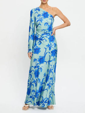 Teal One-shoulder Floral Print Maxi Dress
