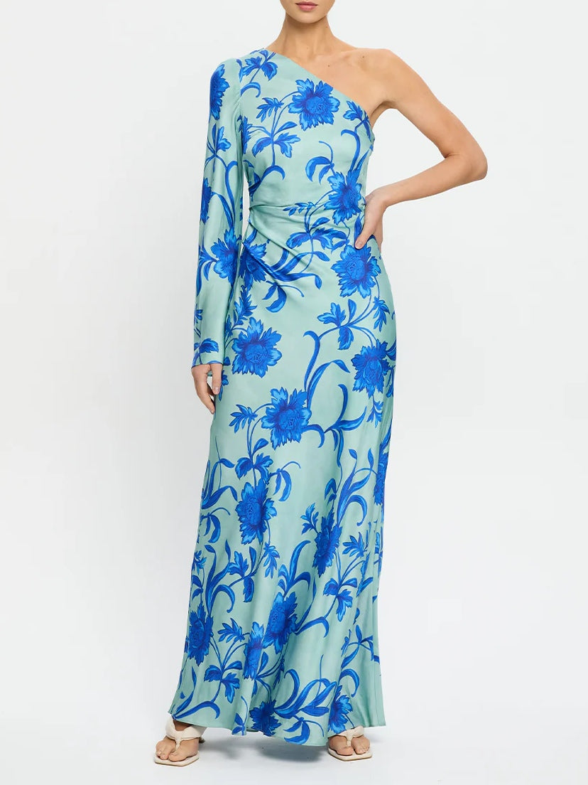 Teal One-shoulder Floral Print Maxi Dress