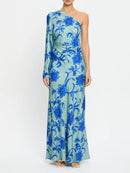 Teal One-shoulder Floral Print Maxi Dress