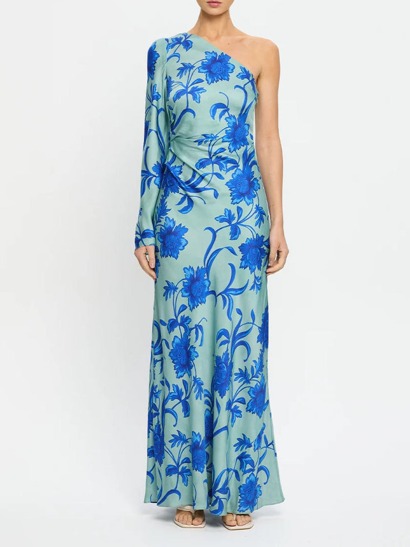 Teal One-shoulder Floral Print Maxi Dress