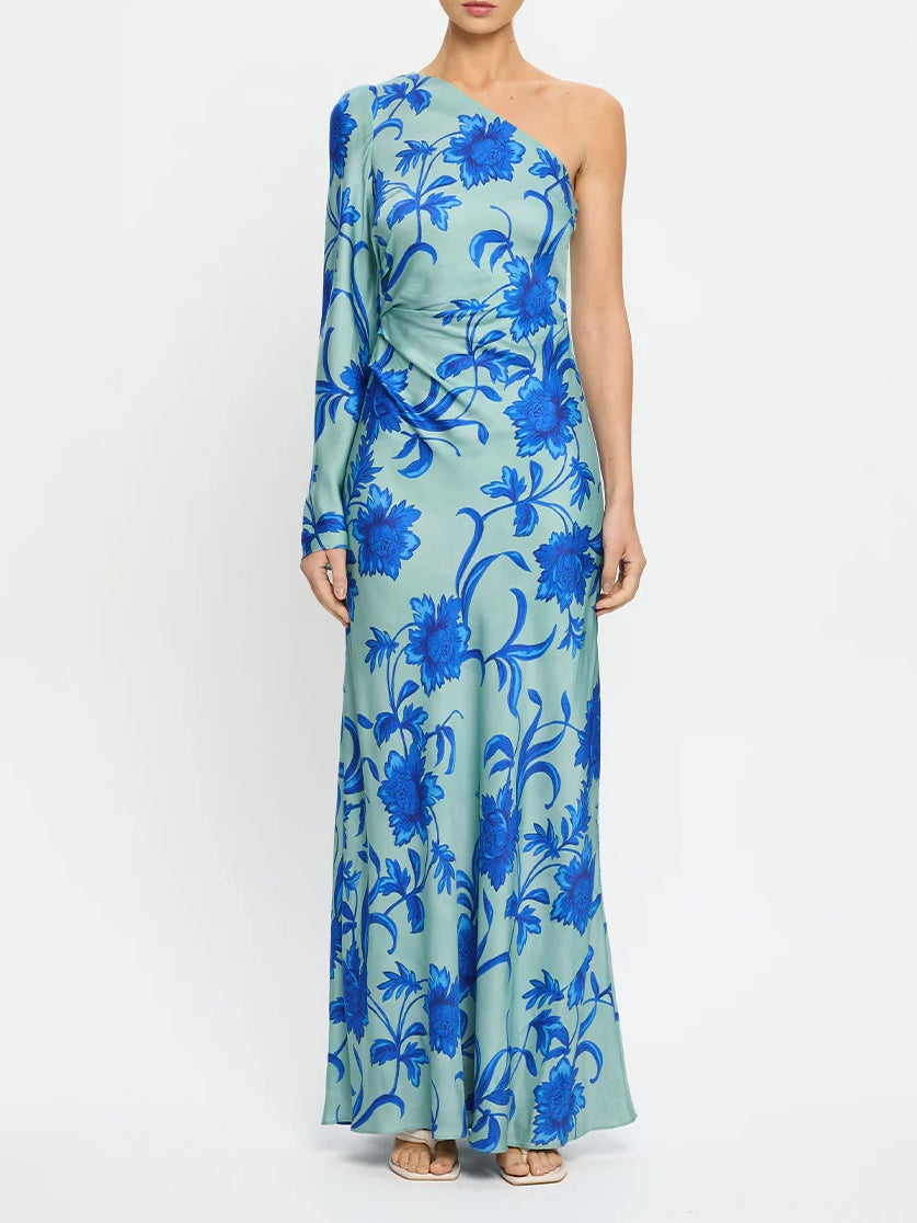 Teal One-shoulder Floral Print Maxi Dress