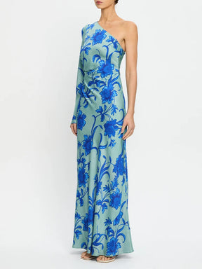 Teal One-shoulder Floral Print Maxi Dress
