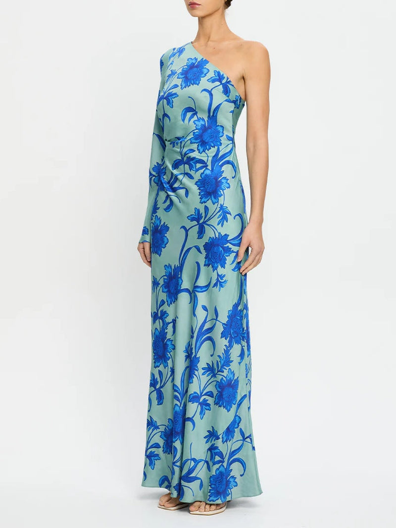 Teal One-shoulder Floral Print Maxi Dress