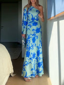 Teal One-shoulder Floral Print Maxi Dress