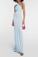 Vestido longo com decote halter e apliques florais Alexia