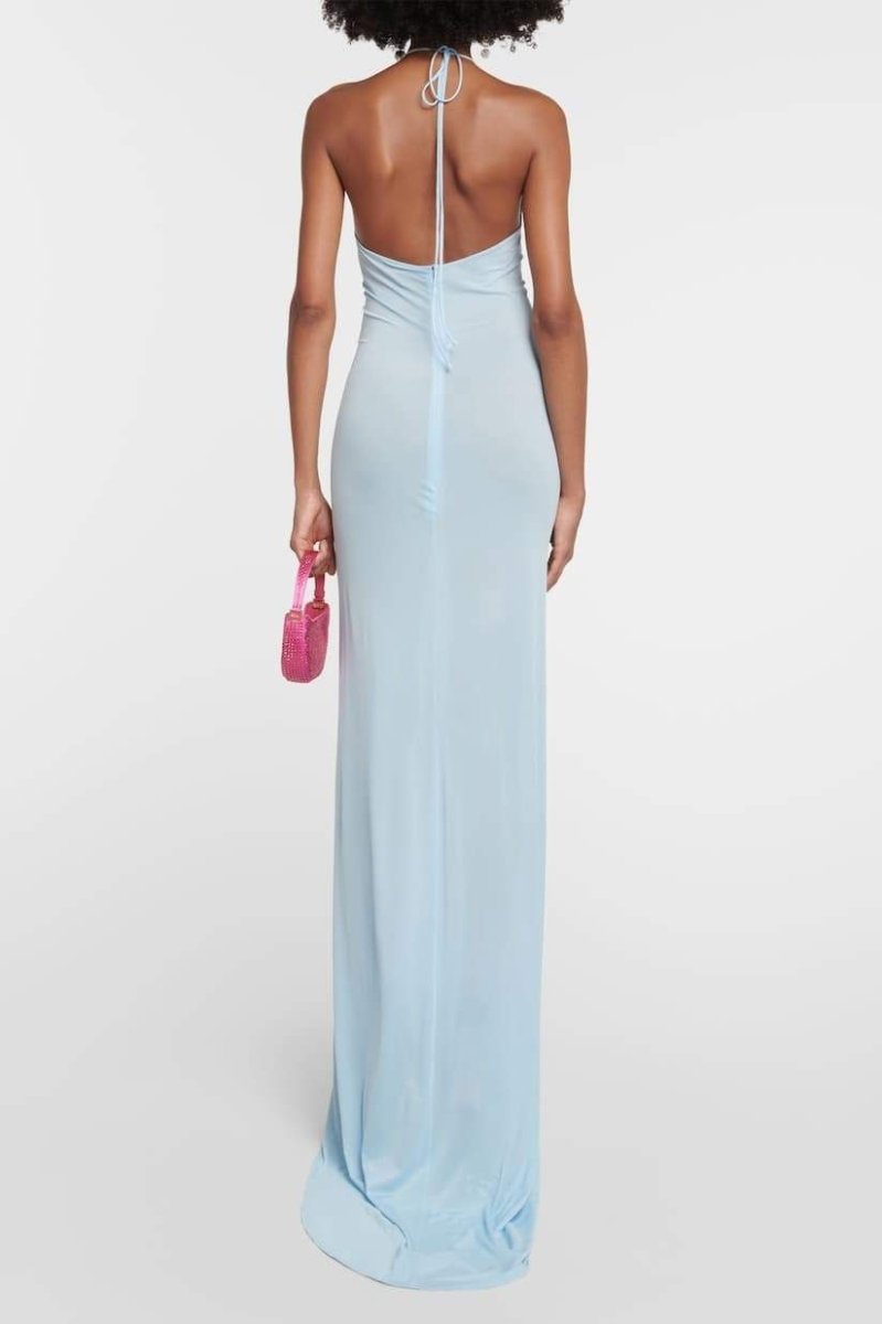 Vestido longo com decote halter e apliques florais Alexia