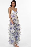 Vestido longo transparente com babados Alexia