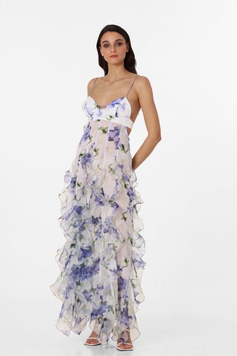 Vestido longo transparente com babados Alexia