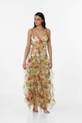 Vestido longo transparente com babados Alexia