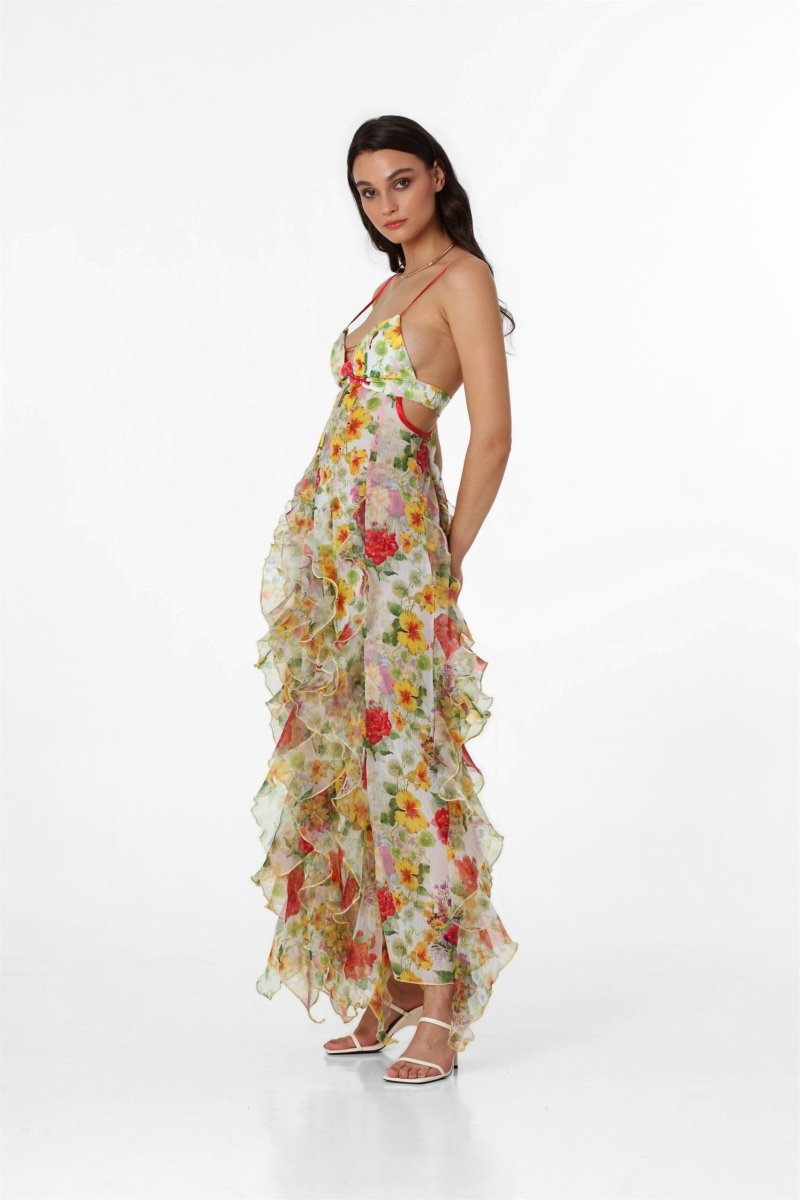 Vestido longo transparente com babados Alexia
