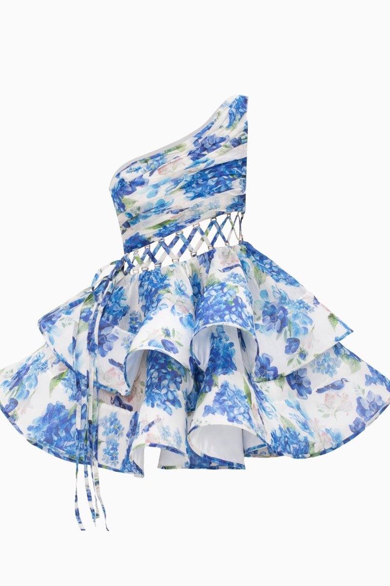Mini vestido de chiffon com estampa floral de um ombro Andrea