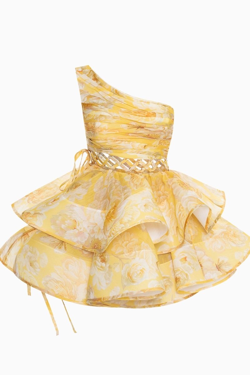 Mini vestido de chiffon com estampa floral de um ombro Andrea