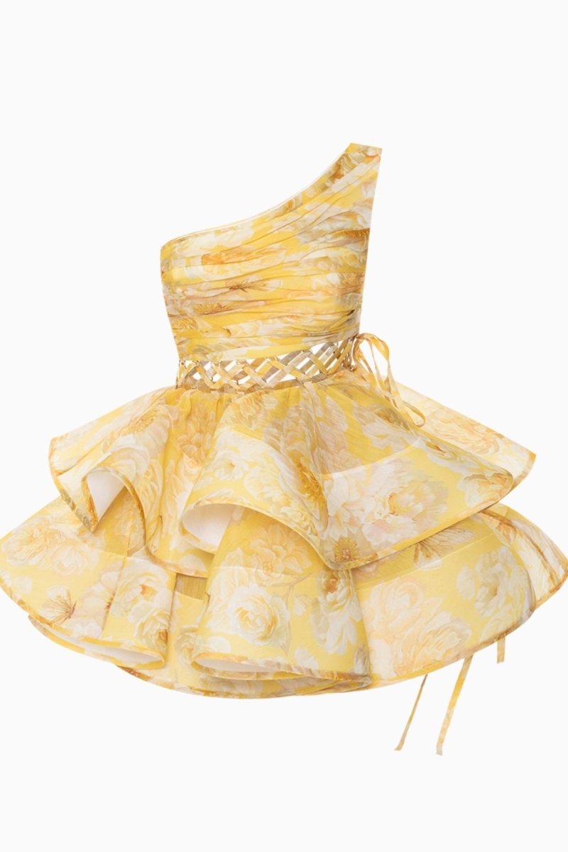 Mini vestido de chiffon com estampa floral de um ombro Andrea