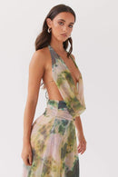 Vestido longo estampado gola alta Antonia