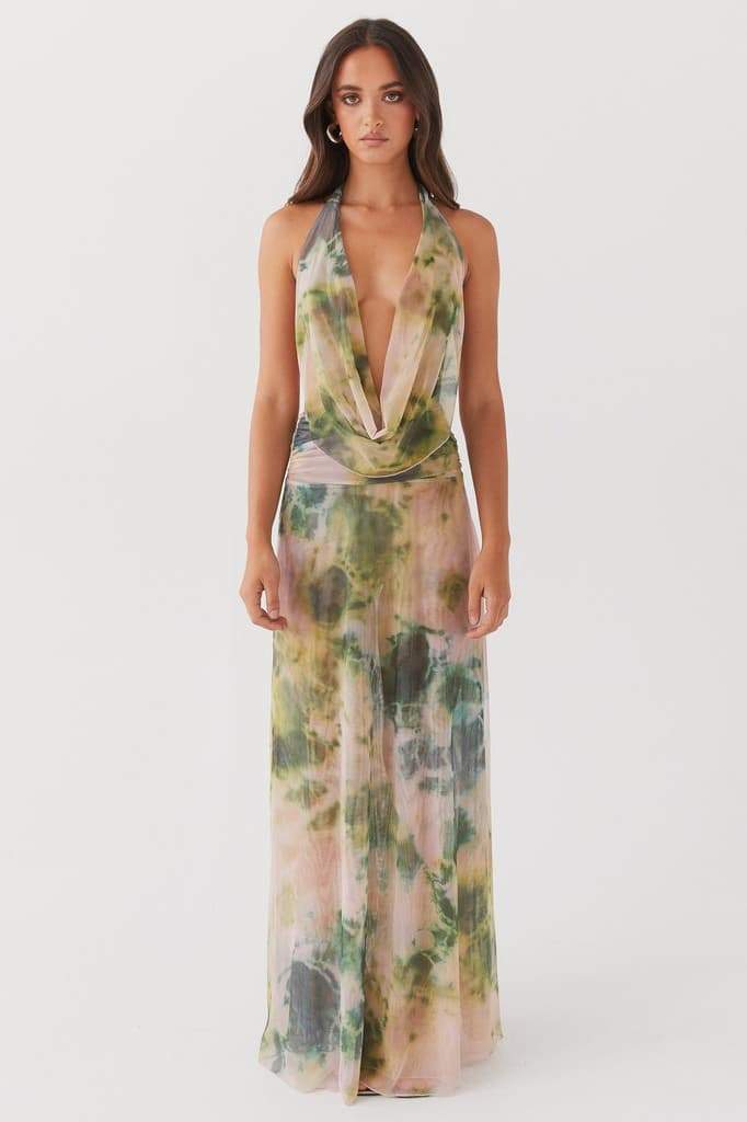 Vestido longo estampado gola alta Antonia