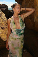 Vestido longo estampado gola alta Antonia