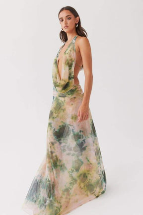 Vestido longo estampado gola alta Antonia