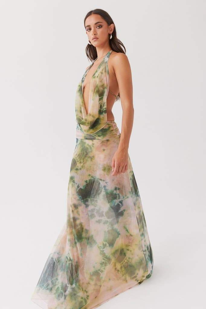 Vestido longo estampado gola alta Antonia