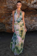 Vestido longo estampado gola alta Antonia