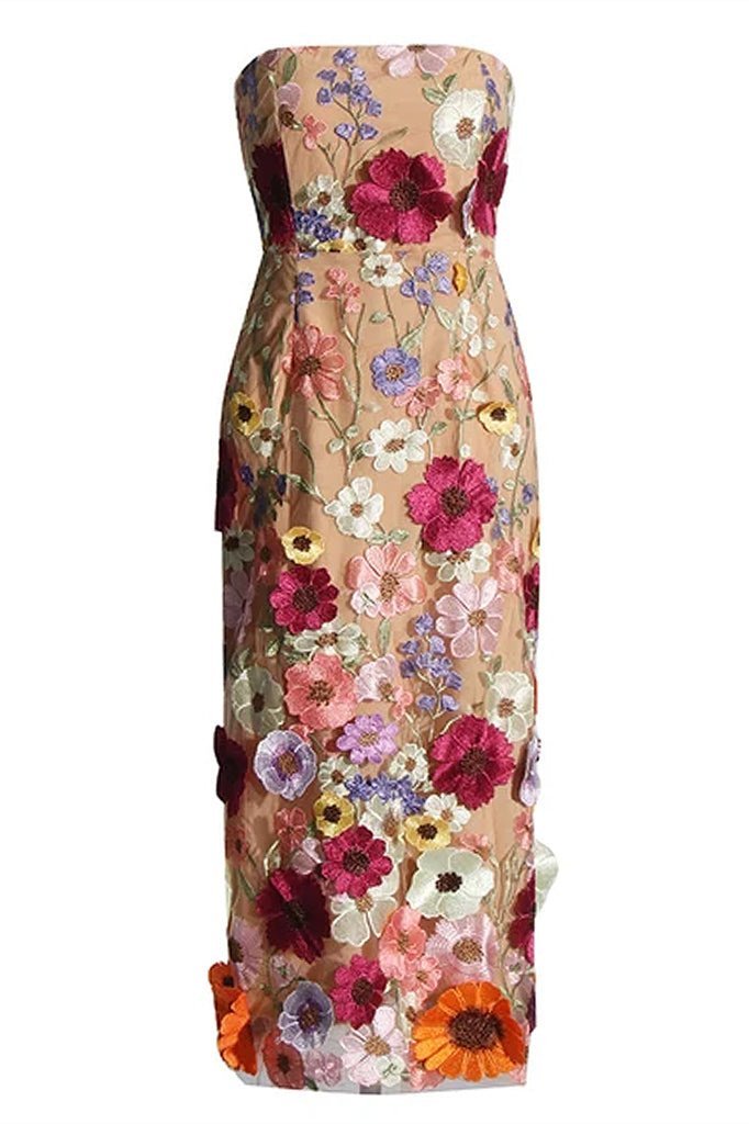 Vestido midi sem alças com bordado floral Belle