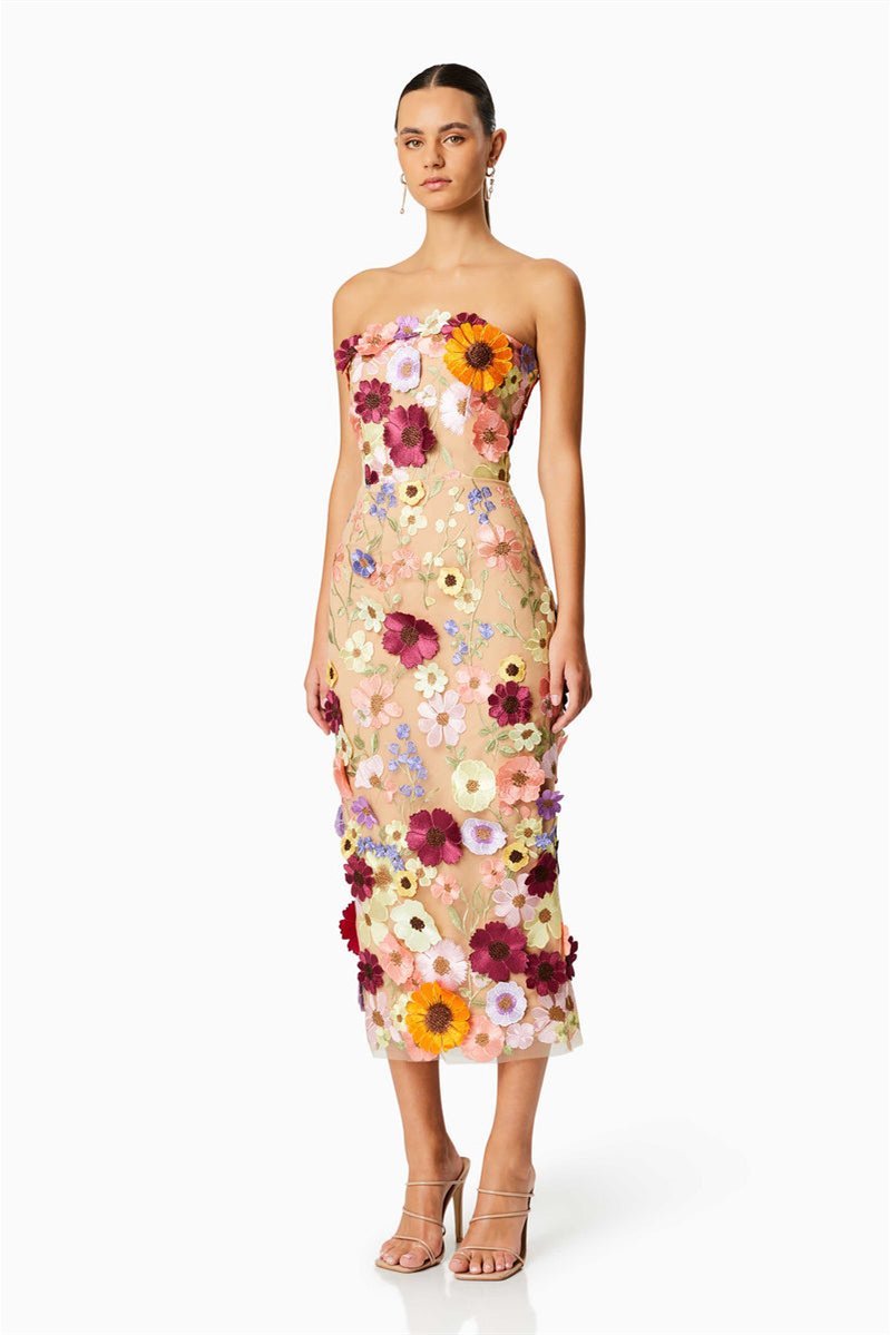 Vestido midi sem alças com bordado floral Belle