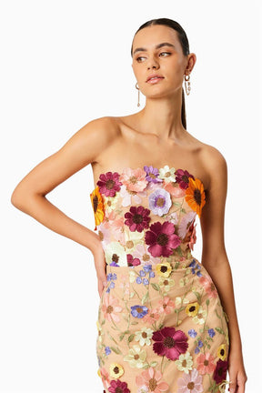 Vestido midi sem alças com bordado floral Belle