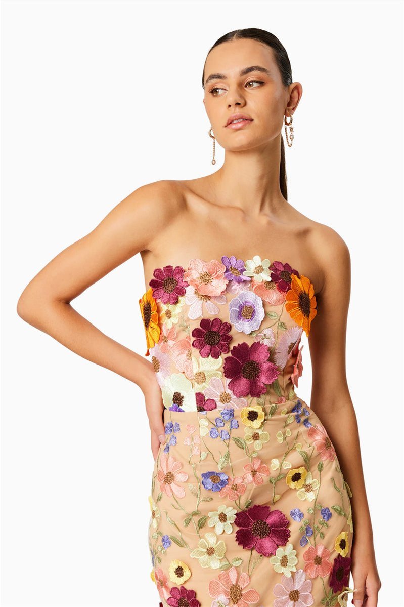 Vestido midi sem alças com bordado floral Belle
