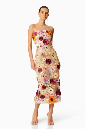 Vestido midi sem alças com bordado floral Belle