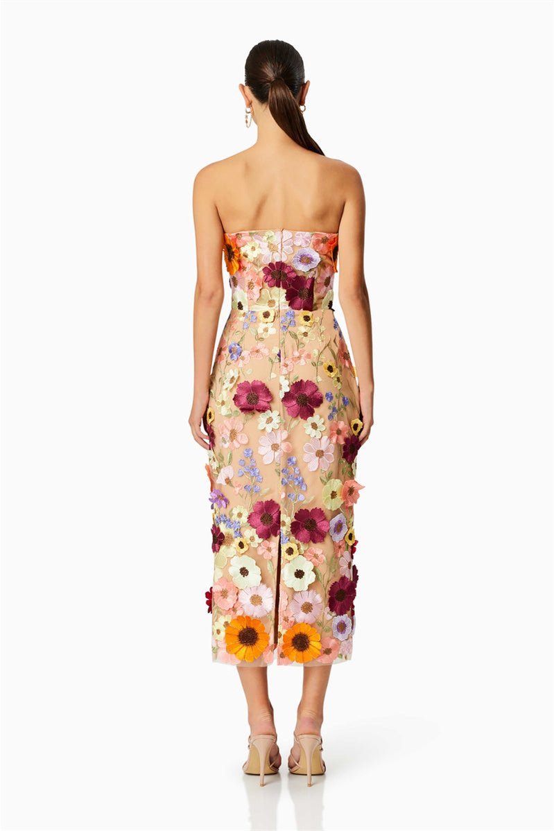 Vestido midi sem alças com bordado floral Belle