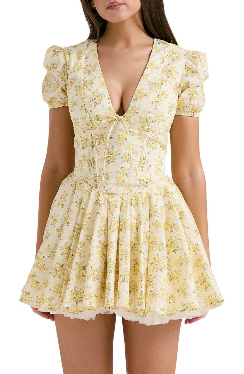 Vestido curto Emily Floral com decote em V e corpete