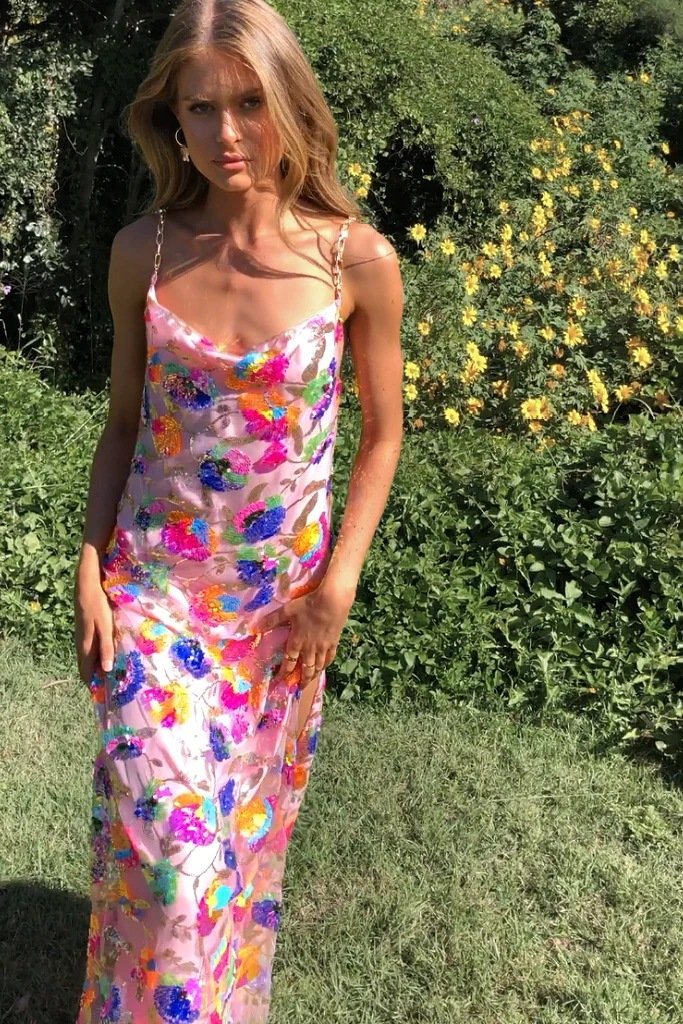 Vestido longo sem costas com lantejoulas bordadas Fanny