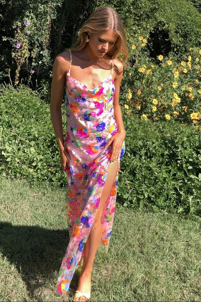 Vestido longo sem costas com lantejoulas bordadas Fanny