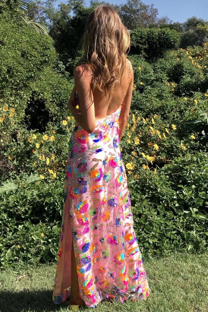 Vestido longo sem costas com lantejoulas bordadas Fanny