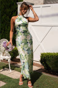 Vestido midi de cetim com decote halter e costas nuas estampado Gill