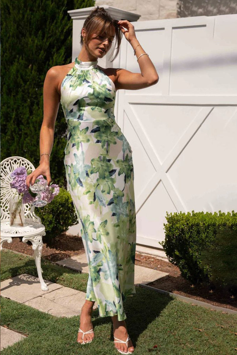 Vestido midi de cetim com decote halter e costas nuas estampado Gill