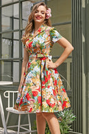 Vestido Midi Helma Retro Estampado em Algodão com Cinto Camisa