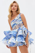 Mini vestido de chiffon com estampa floral de um ombro Andrea