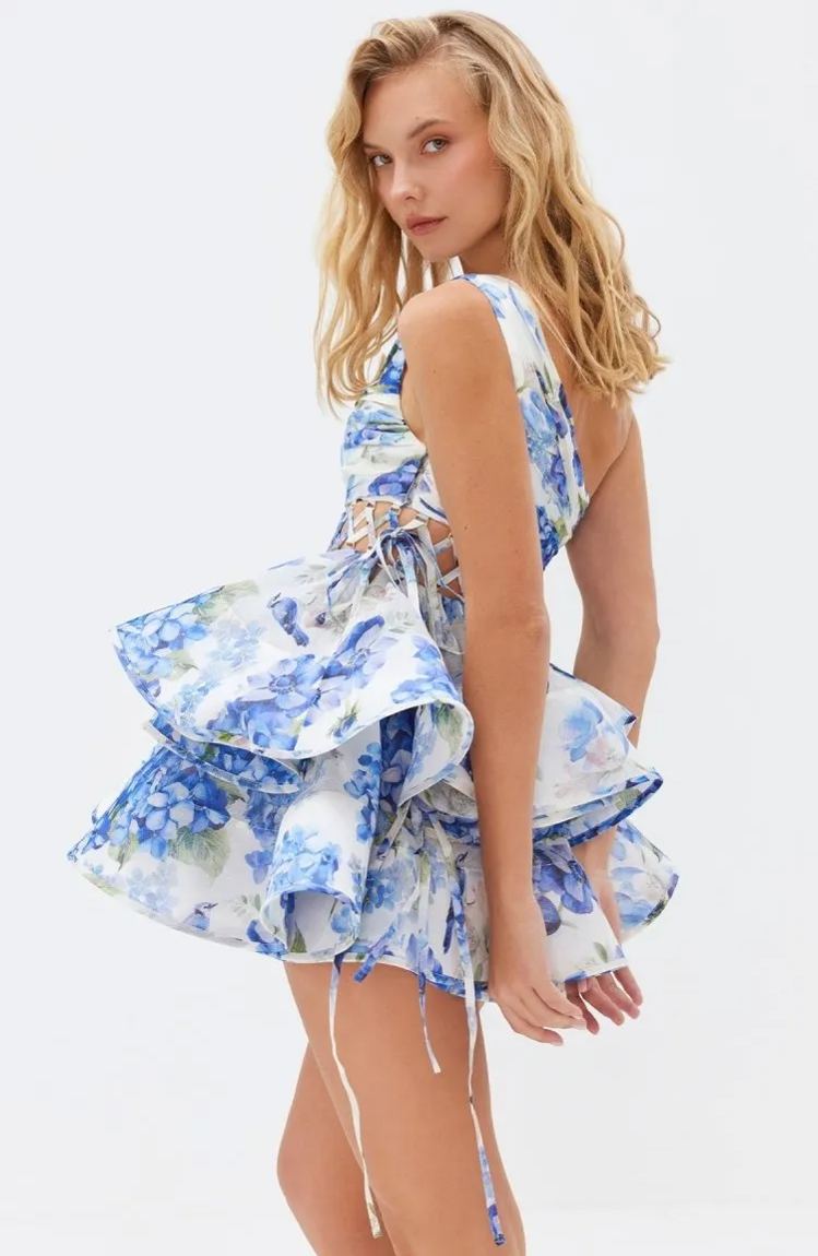 Mini vestido de chiffon com estampa floral de um ombro Andrea