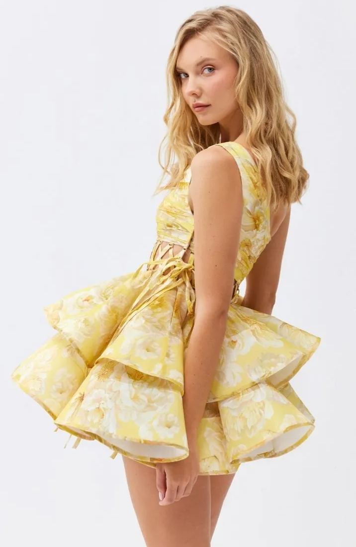 Mini vestido de chiffon com estampa floral de um ombro Andrea