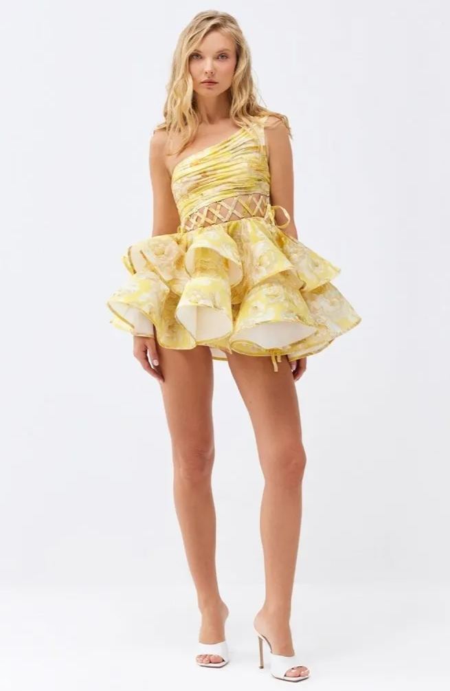 Mini vestido de chiffon com estampa floral de um ombro Andrea