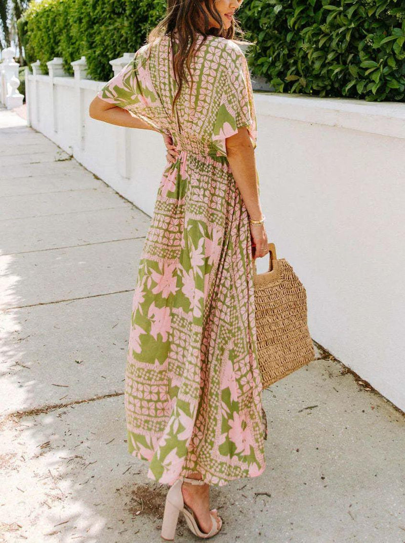Floral Plunge Half Sleeve Dress