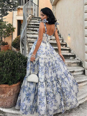 Organza Floral Print Tie Strap Maxi Dress