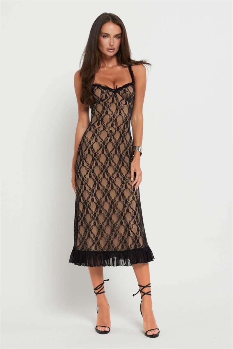 Vestido longo com babados e renda floral Ina