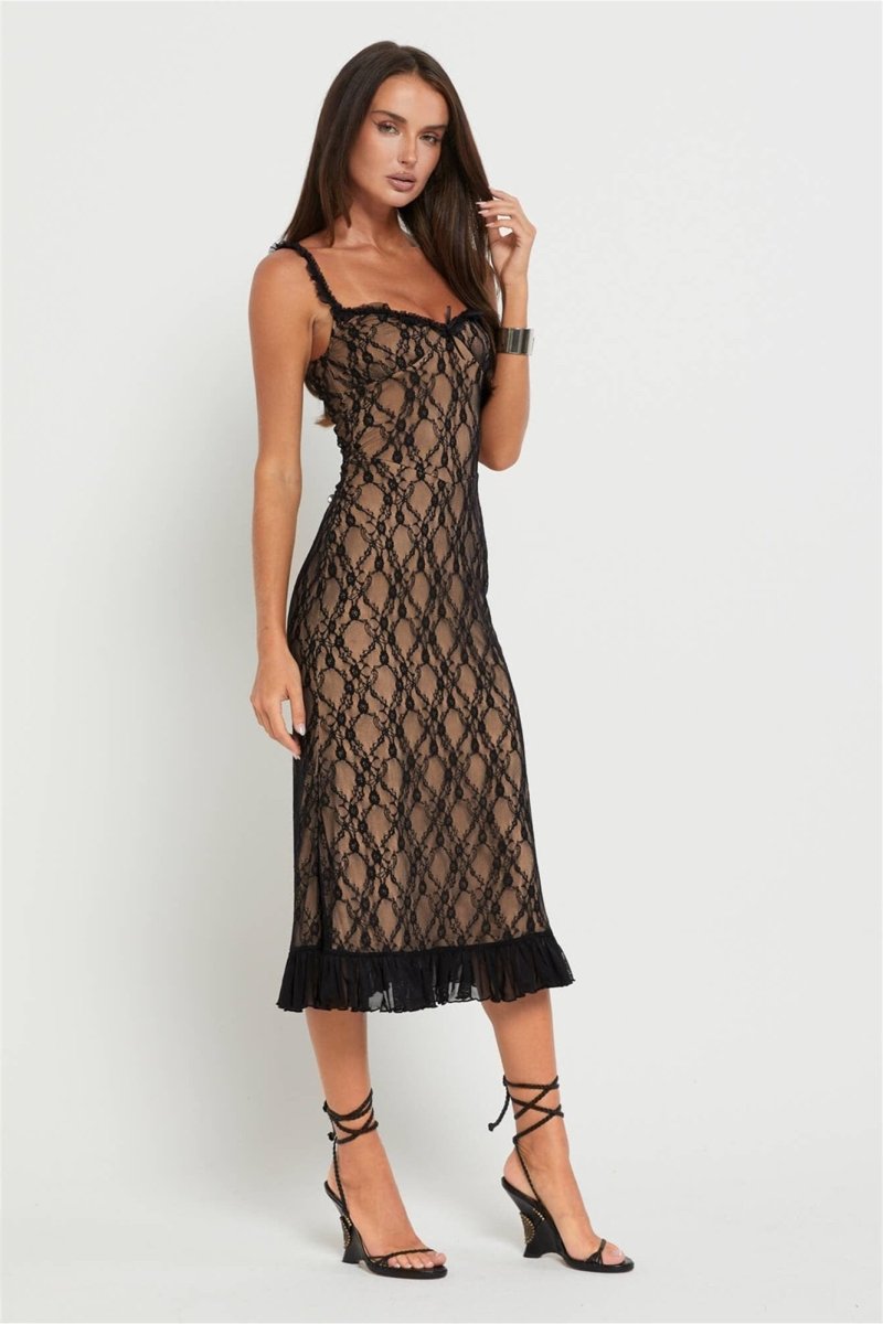 Vestido longo com babados e renda floral Ina