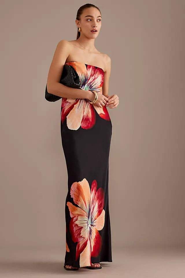 Vestido longo sem alças com estampa floral Janice