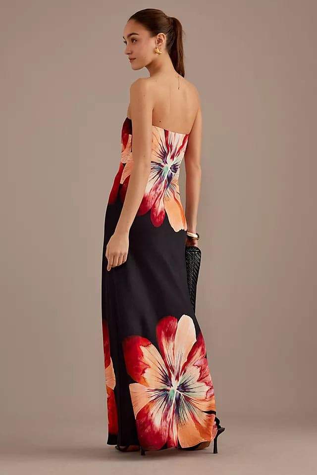 Vestido longo sem alças com estampa floral Janice