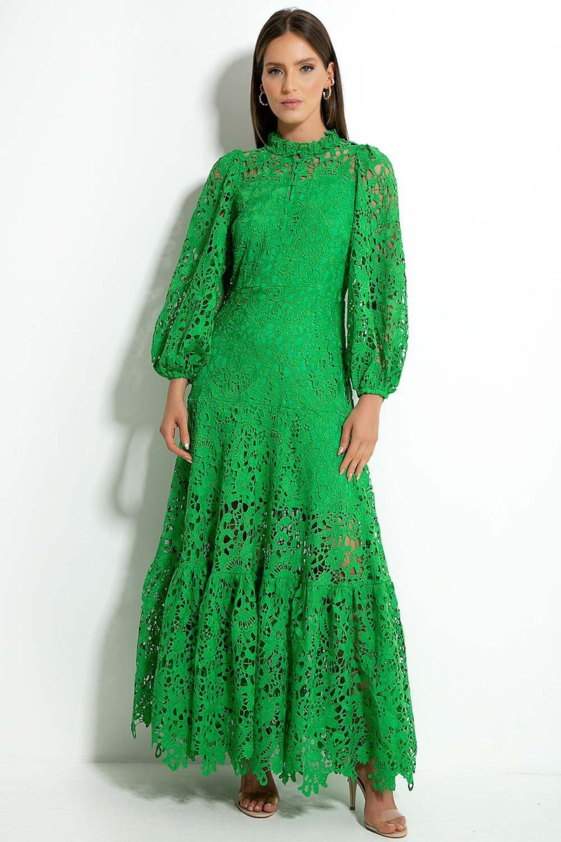Vestido longo flare com acabamento em renda bordada Joa