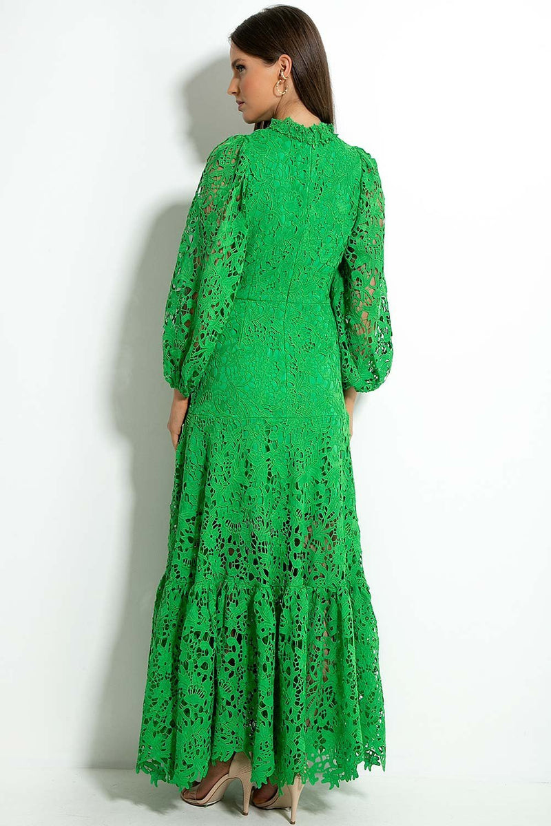 Vestido longo flare com acabamento em renda bordada Joa