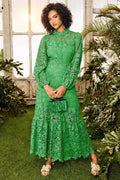 Vestido longo flare com acabamento em renda bordada Joa
